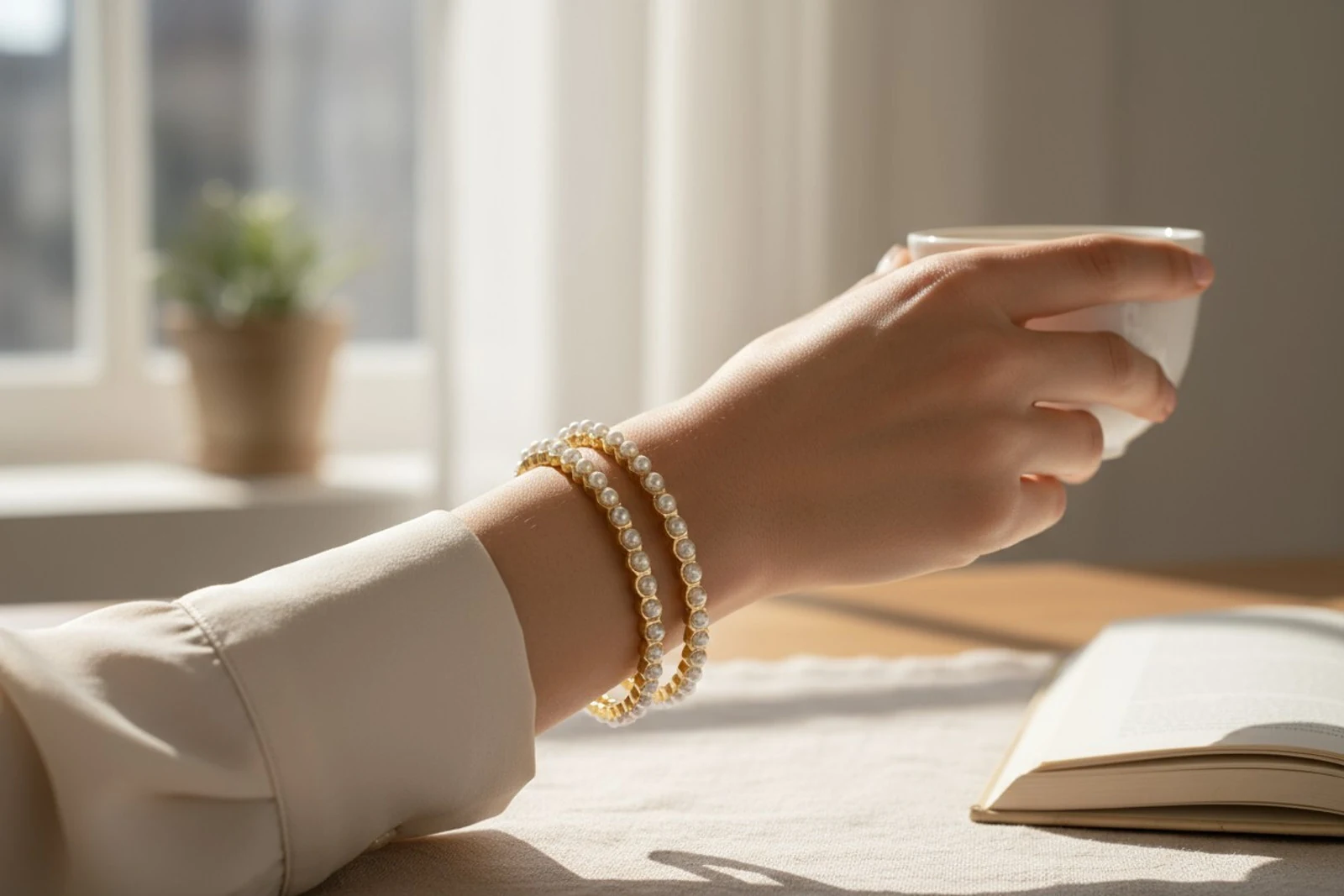 Gold-tone bangles with round white pearl-like accents worn on a wrist